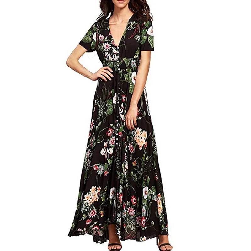 Floral Maxi Beach Dress Women Summer 2019 New V Neck White Boho Casual Ladies Short Sleeve Holiday Long Dresses For | Женская одежда