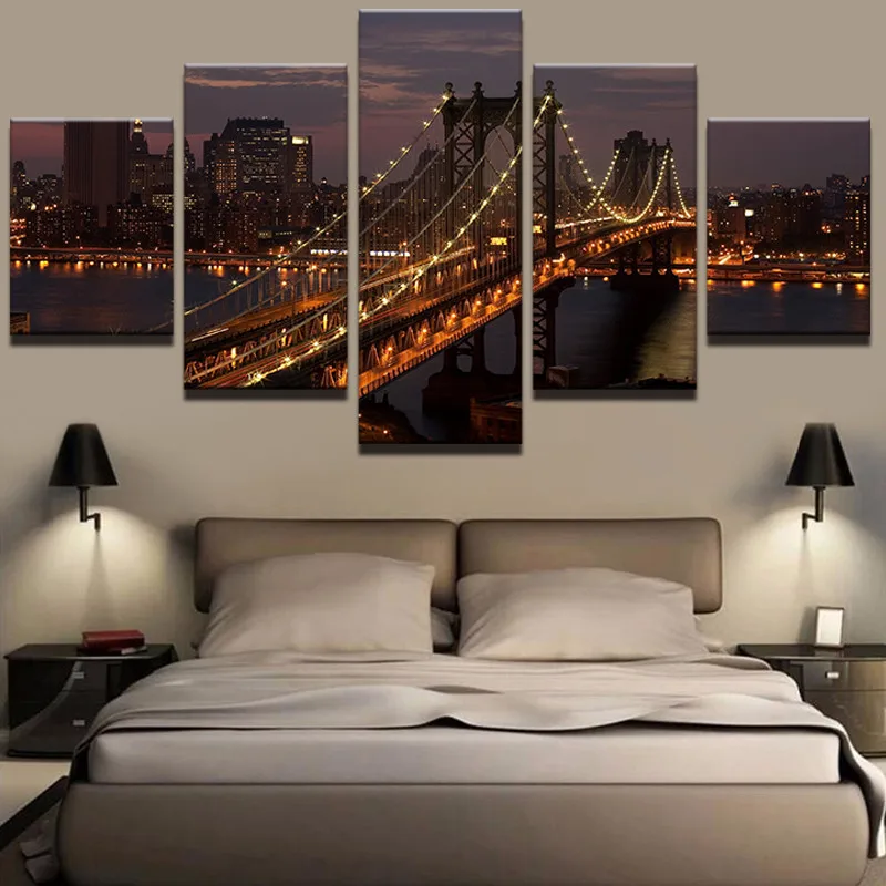 

Home Decor Modular Poster 5 Panel Manhattan Bridge Night Landscape Painting Modern Canvas Print Pictures Decor Wall Art Frame