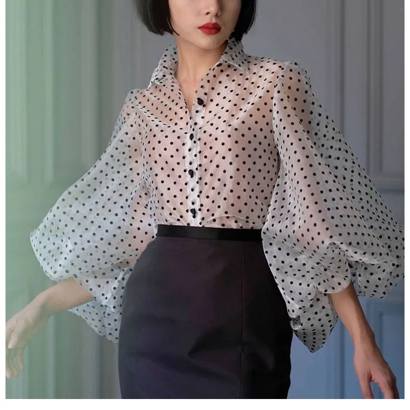 Женская прозрачная рубашка в горошек Черная/белая блузка из органзы с длинным