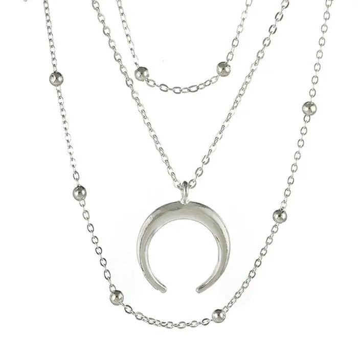 Women Fashion Retro Three Layers Moon Pendant Necklace Casual Lobster Buckle Link Chain Silver | Украшения и аксессуары