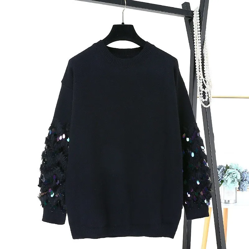 CHICEVER лоскутный свитер с пайетками для женщин О-образным вырезом длинным рукавом