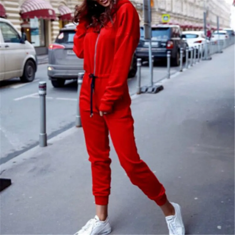 Женский Облегающий комбинезон на молнии повседневный с капюшоном и длинным