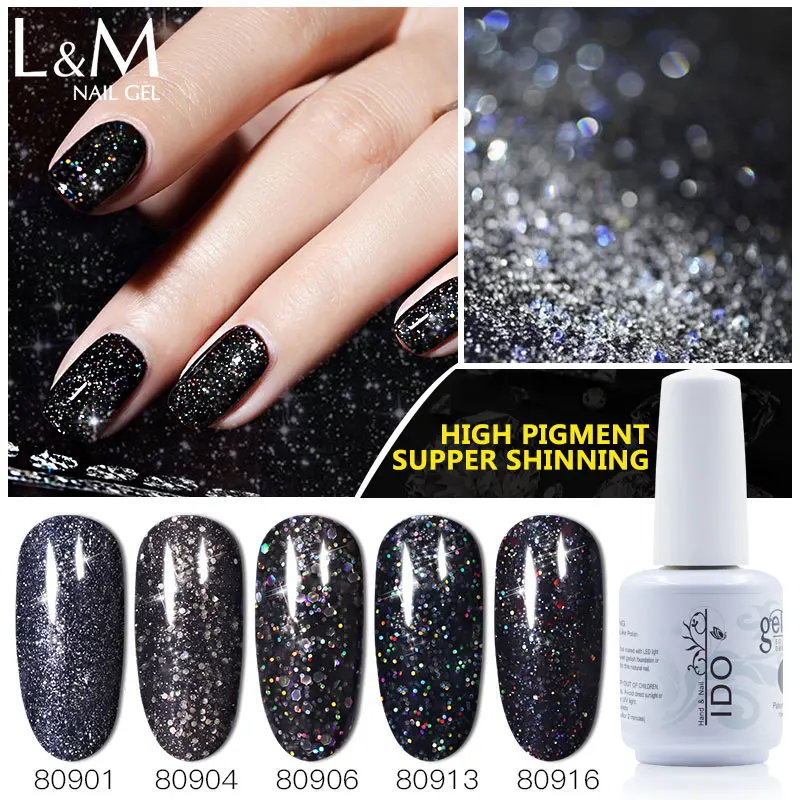 

12 pcs/set IDO Gelpolish Black Color Glitter Gel UV Base Black Diamond Glitter Shine Elegant 15ml High Pigment Nail Polish Gel