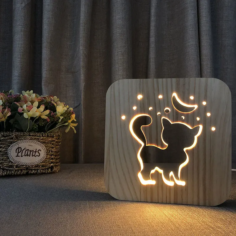 

3D Cat Shadow Wooden Night Light Carved Wooden Bedside Lamp Kids Baby Night Lamp for Relaxing Atmosphere or Birthday Gifts