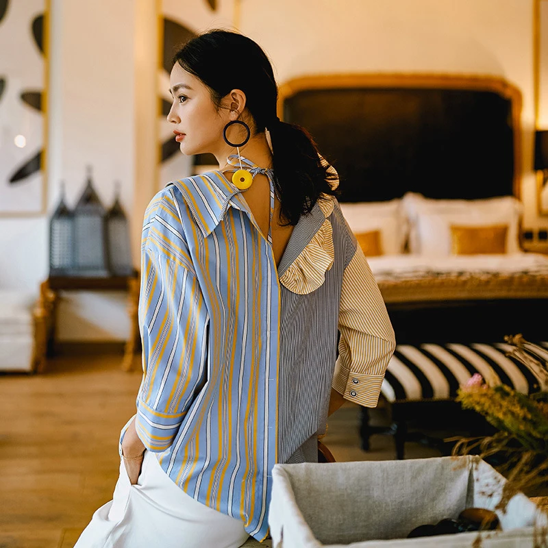 2019 Summer New Pattern Shirt For Women Fashion Temperament Stripe Split Joint Ruffles Contrast Color Blouse Tops R182 | Женская одежда