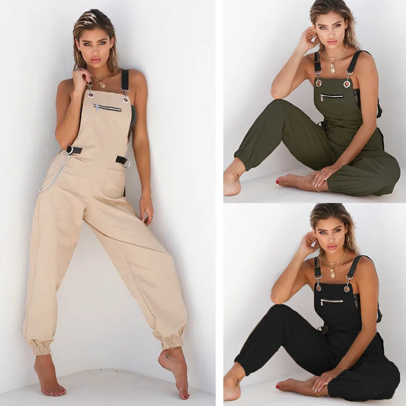 

Women Jumpsuit Adjusted Suspender Strap Pockets Sleeveless Open Back High Waist Zipper Overalls For Women Streetwear Jumpsuit