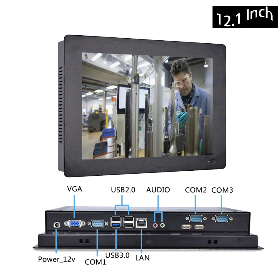 

Промышленная Светодиодная панель HUNSN, 12,1 светодиодный, 2 мм, ПК, Intel J1800, 4 или 5 проводов, резистивный сенсорный экран, Windows 10 Pro, APW11