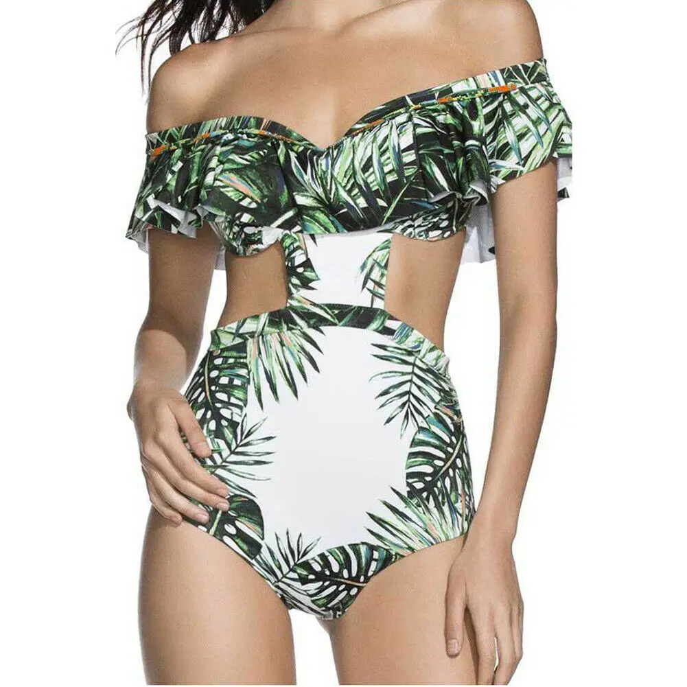2019 новый сексуальный купальник с открытыми плечами и зелеными листьями Женский