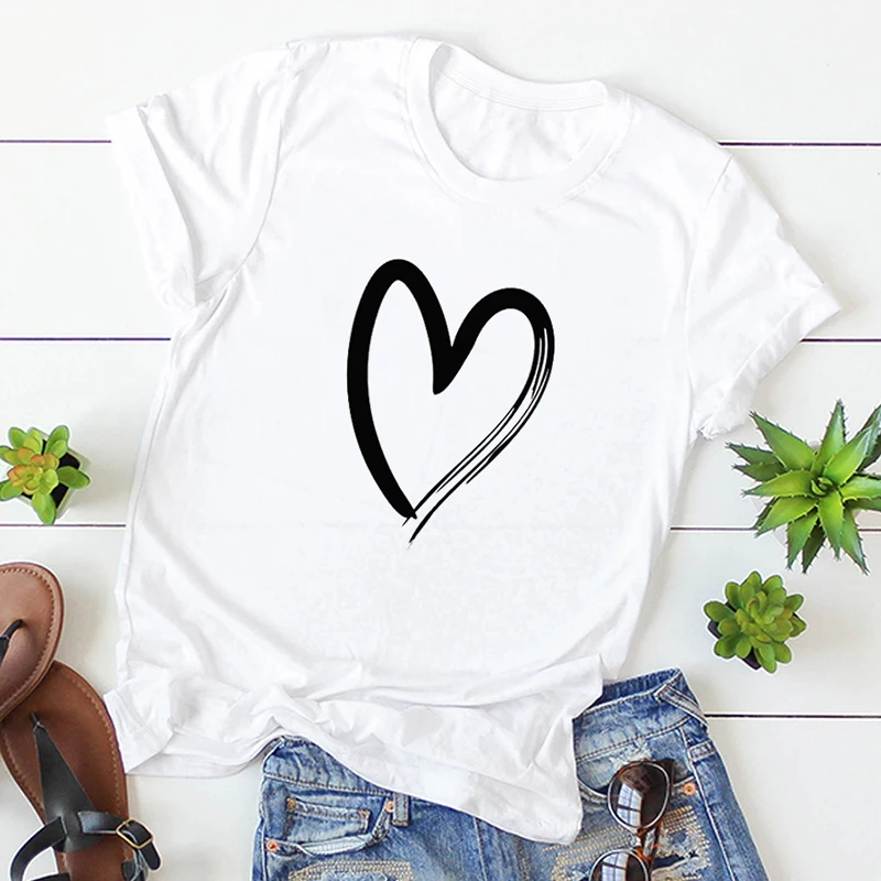 2020 Summer T shirt Women Cotton tshirt 3XL 4XL 5XL Plus Size Shirts Heart Love Print O Neck Short Sleeve Casual Cute Tee Tops | Женская