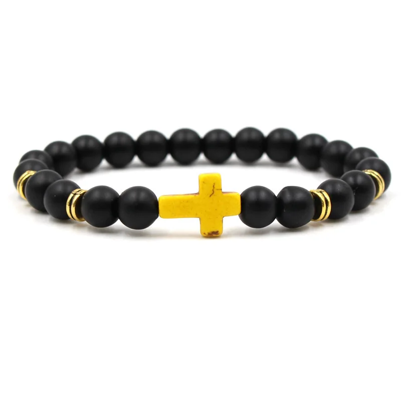 Крест 2019 рука строка бусины черный Тупой свет матовый камень мощность браслет