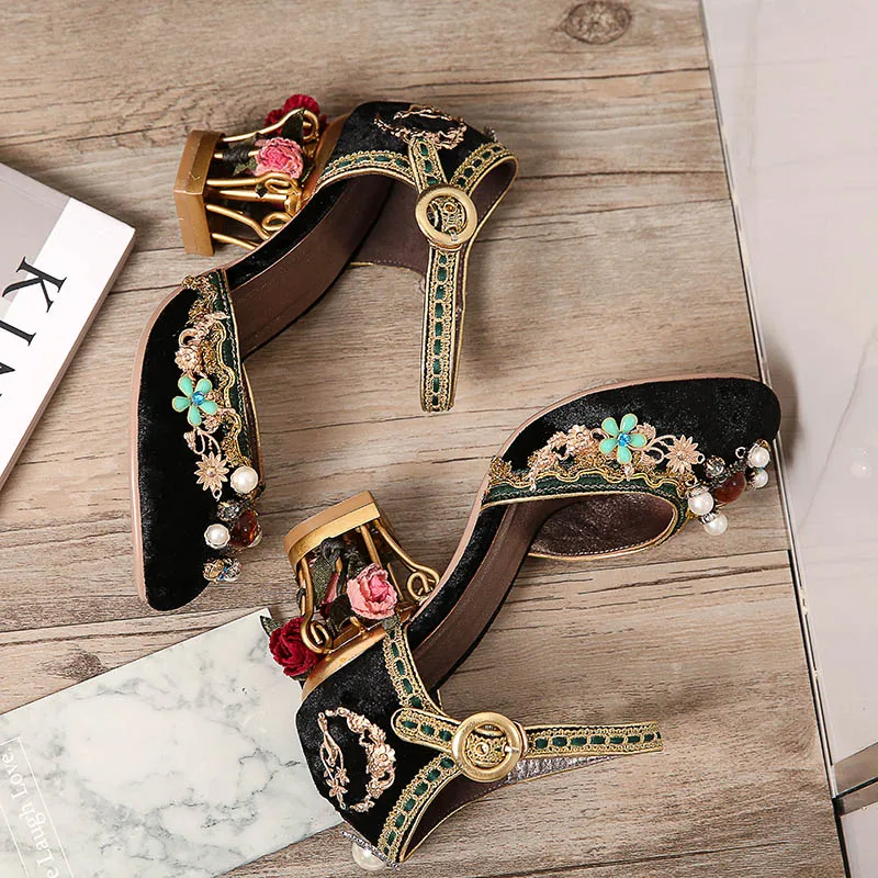 Женская обувь расшитая бисером в национальном стиле фэн-шуй сандалии на высоком