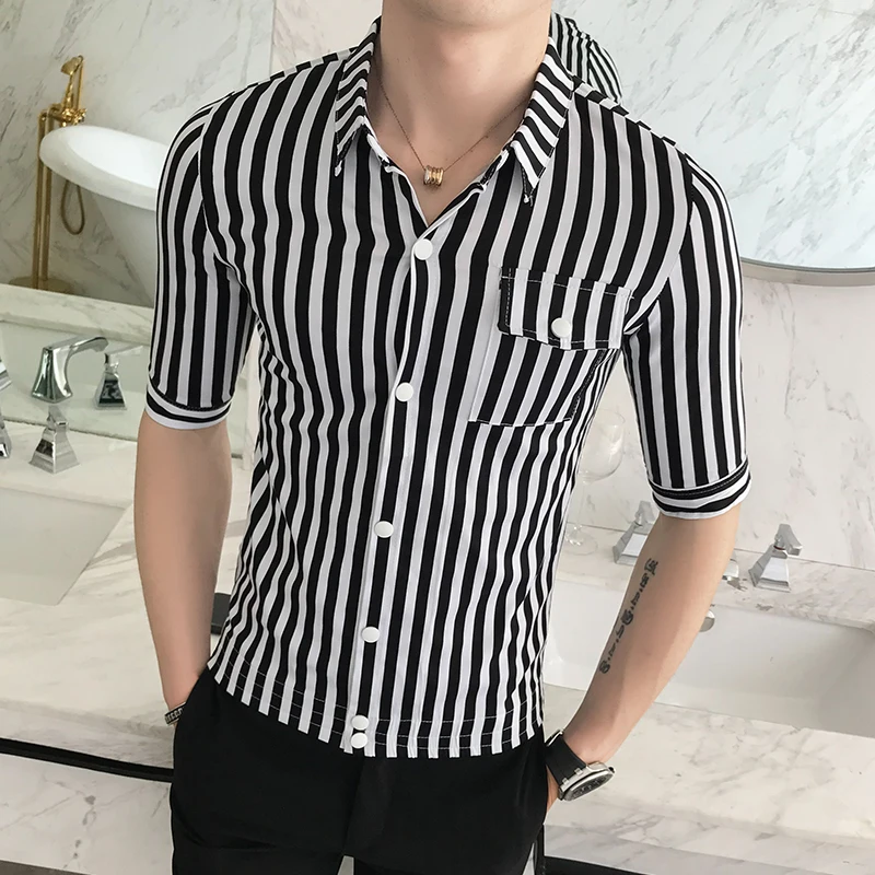 Мужская рубашка с коротким рукавом Camisa Masculina приталенная Простая в полоску