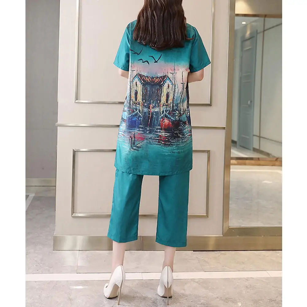 

MISSKY 2 Pcs/set Women Summer Sets Loose Retro Printing National Style V-neck Short Sleeve T-shirt+Cropped Trousers Set