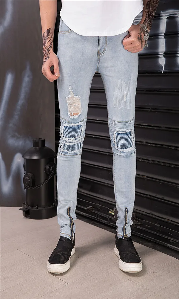

Jeans Mens 2019 Fashion Streetwear Slim Fit Skinny Ripped Hole Biker Jeans Spring Summer Elastic Pencil Jeans