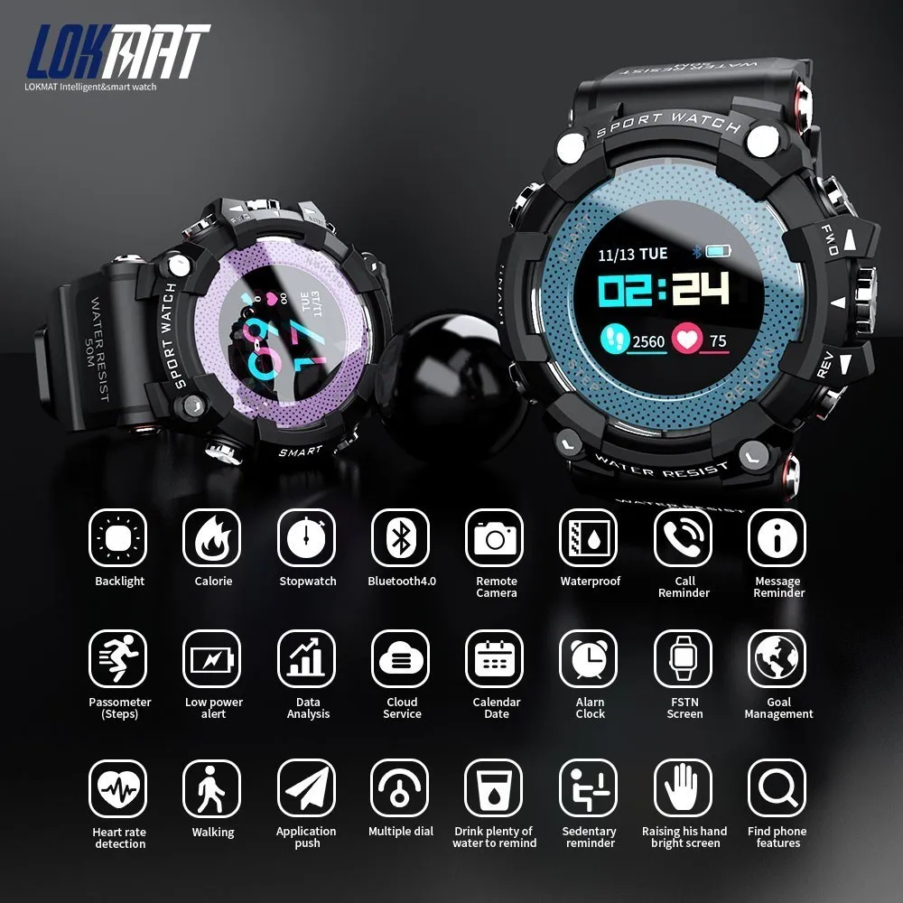 LOKMAT Bluetooth умные часы монитор сердечного ритма спортивные водонепроницаемые Push