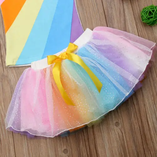 

Hot Unicorn Kids Baby Girl Clothes Fly Sleeve Rainbow Tops Tutu Sequins Skirt Baby Girl Outfit 2PCS Children Clothing Set
