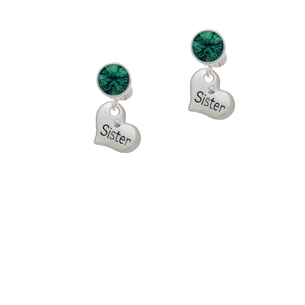 Small ''Sister'' Heart with Clear Crystal Clip On Earrings |