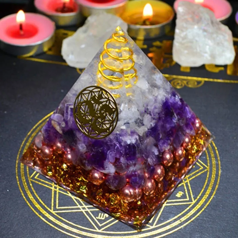 Natural Amethyst Orgonite Pyramid Energy Converter Orgone Aura Chakra Resin Decorative Craft Decoration Bring Good Luck Gift