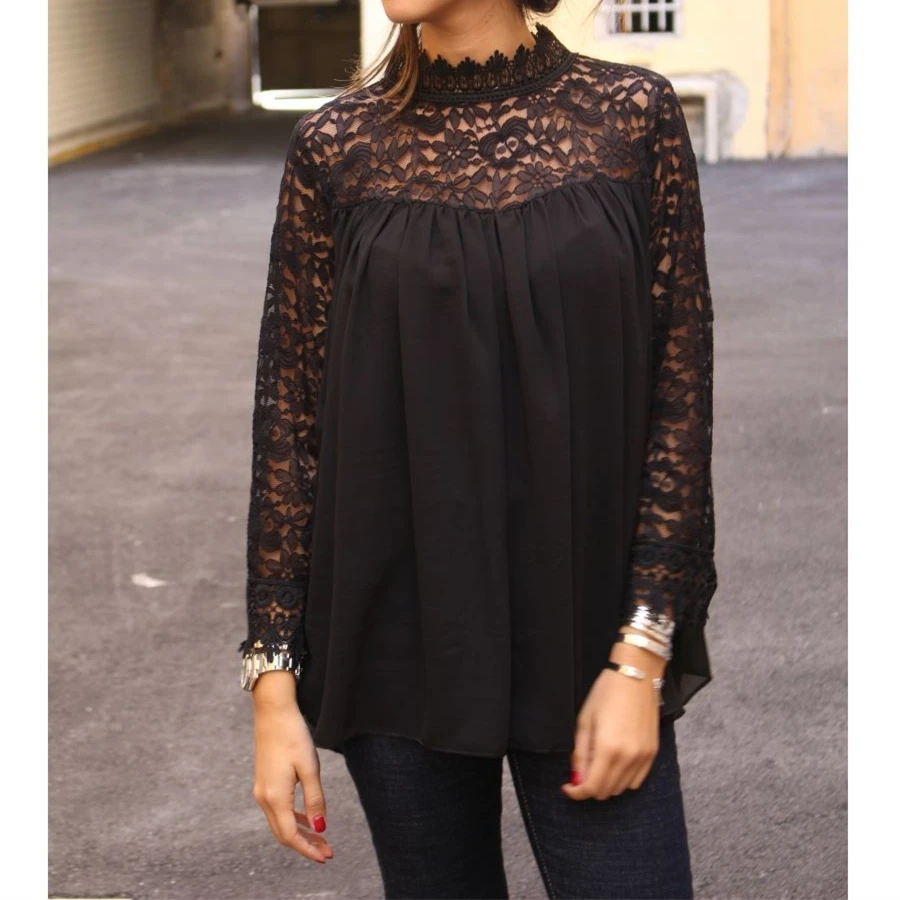 

fashion women solid black lace blouses shirt female lace hollow out loose blouse shirts long sleeve tops femme shirt