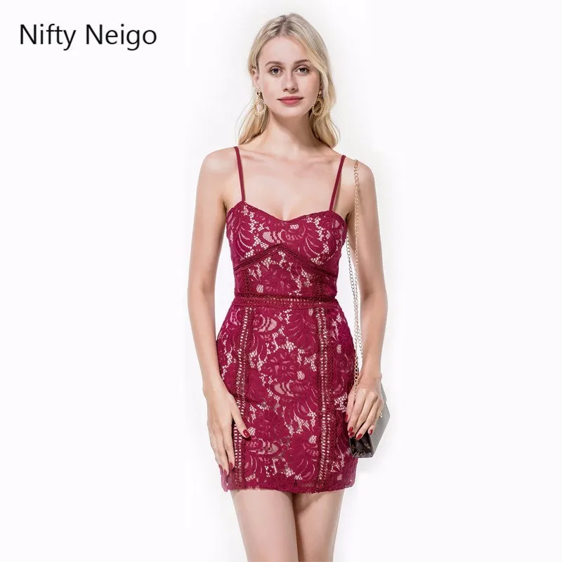 Nifty Neigo Сексуальное Женское кружевное платье Спагетти ремень полый мини Летнее