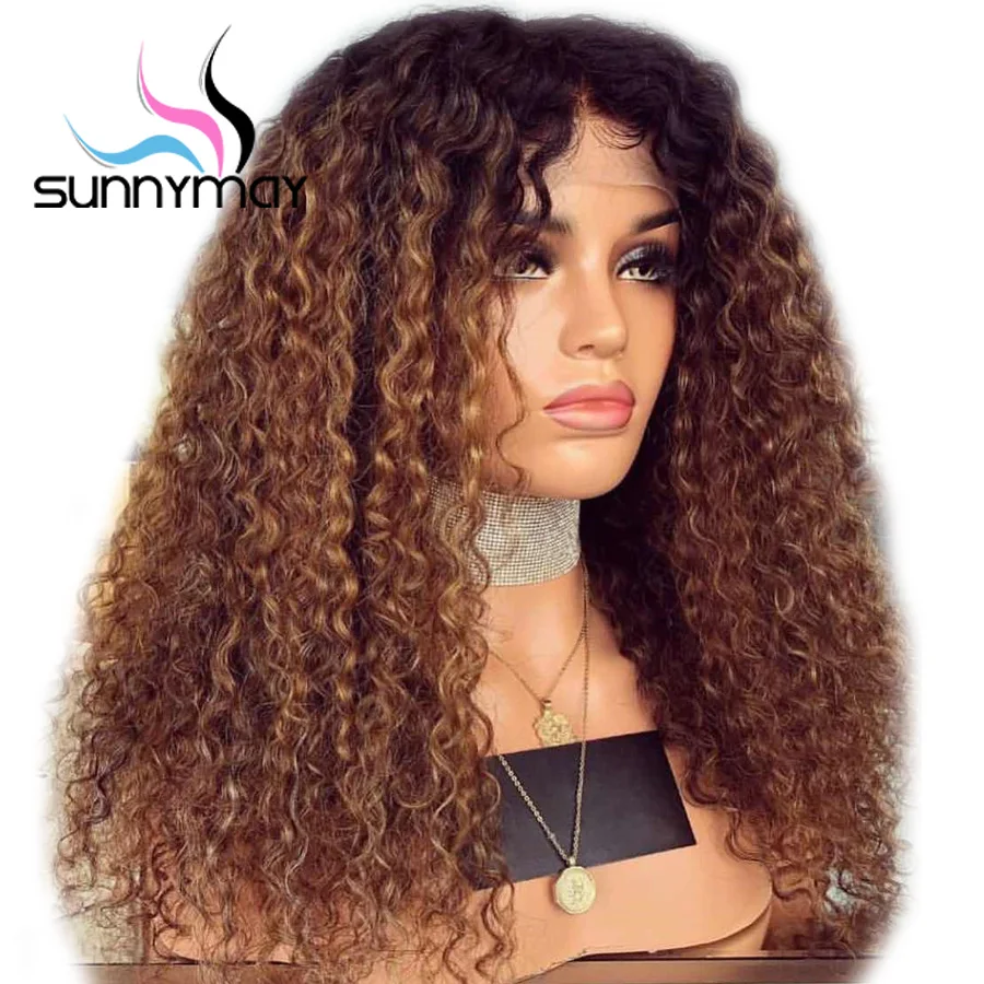 Sunnymay 13x4 вьющиеся парики из натуральных волос с Африканской структурой, предварительно вырезанные с детскими волосами 150% 1b/коричневый эффектом деграде(переход от темного к Синтетические волосы на кружеве парики, несекущиеся бразильские вьющиеся волосы Remy