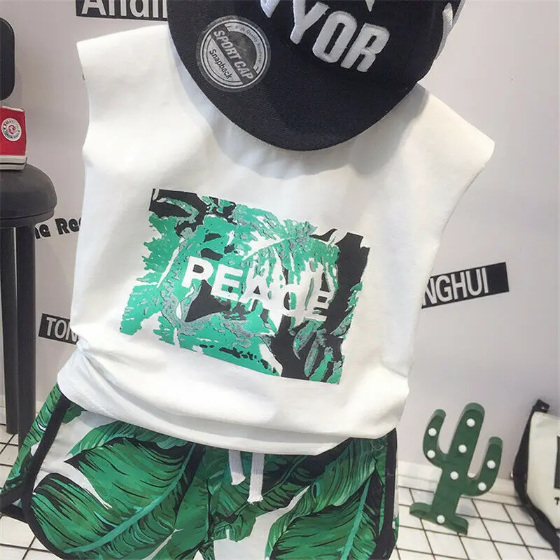 2PCS Toddler Kid Baby Boy Causal Clothes Letter Print T-shirt Tops Tank+Shorts Beach Outfits Sets 1-6Y | Детская одежда и обувь