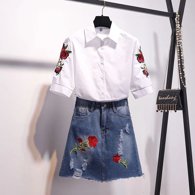 

Embroidered cotton shirt 2 piece skirt set women Korean white shirt denim skirt two pieces set beach outfit 2 piece summer set