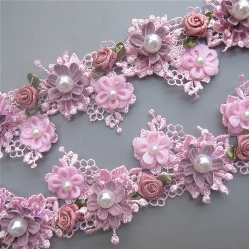 1yard Pink Pearl Rose Flower Embroidered Lace Trim Ribbon Fabric Sewing Supplies Craft DIY For Costume Dress Hat Decoration | Дом и сад