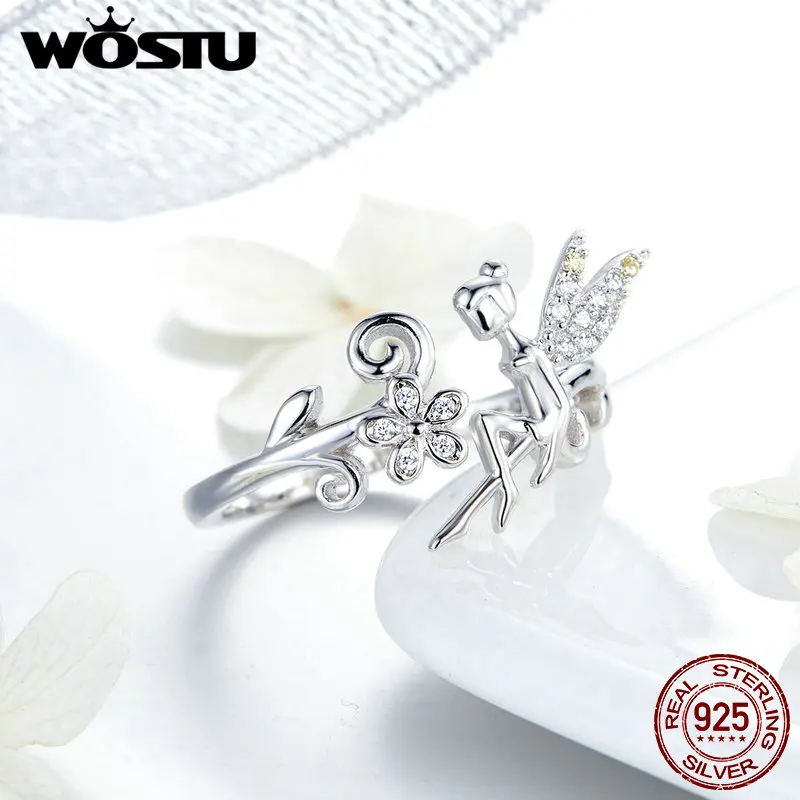WOSTU дизайн 925 пробы Серебряный цветок фея эльф кольцо палец Регулируемый размер Обручальные кольца для женщин ювелирные изделия CTR025