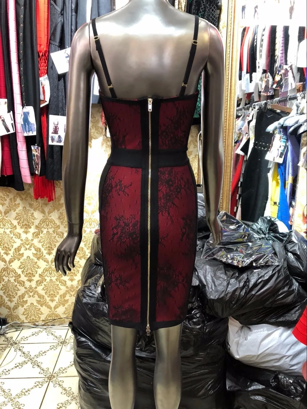 

Newest Sexy High Quality Wine Red Black Lace Slip Rayon Bandage Dress Celebrity Evening Party Bodycon Dress