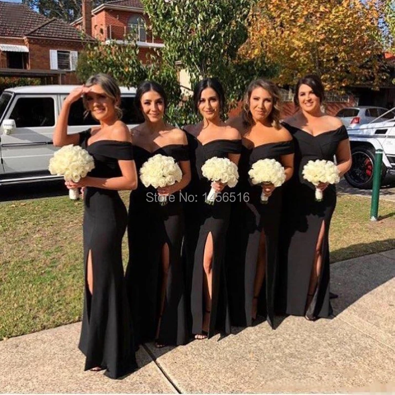 

2020 Black Bridesmaid Dresses For Western Garden Boho Weddings Mermaid Elegant Off Shoulders Split Maid of Honor Gowns Cheap