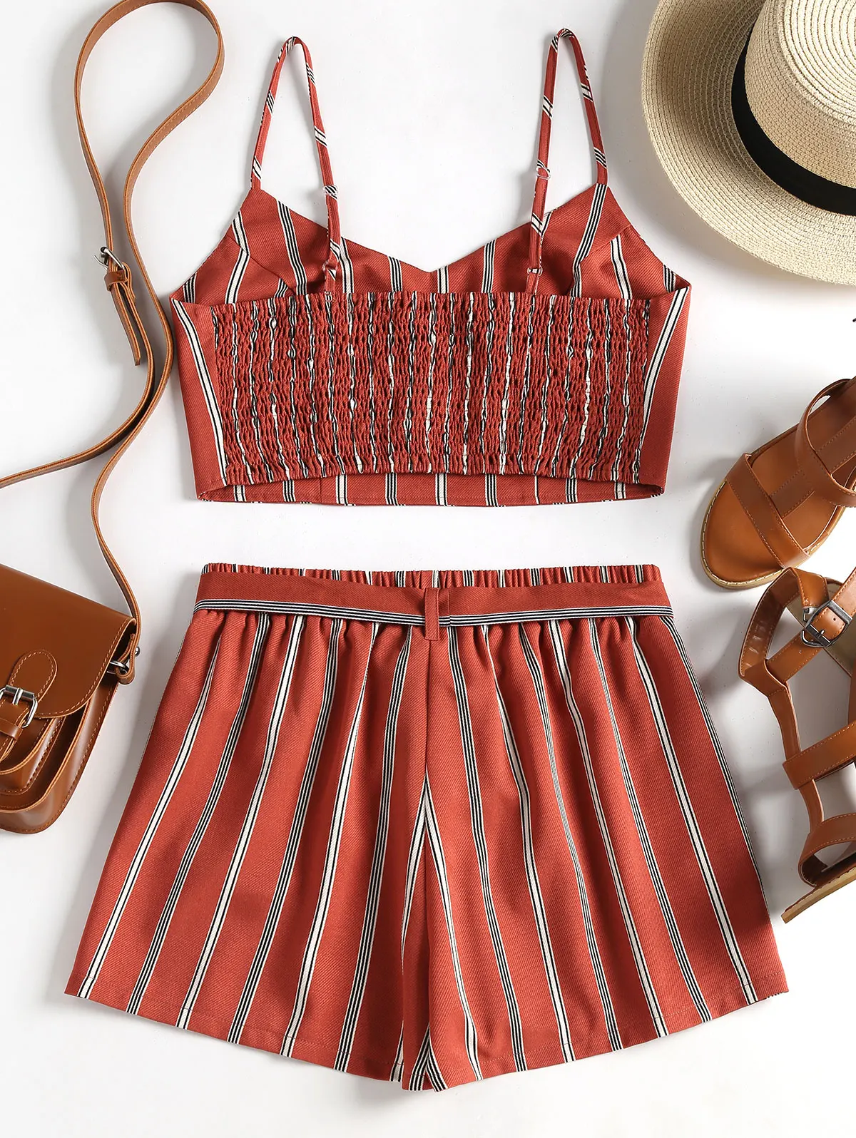 ZAFUL Полосатые шорты с поясом Cami Set Summer Two Piece Повседневные ремни спагетти Crop Top