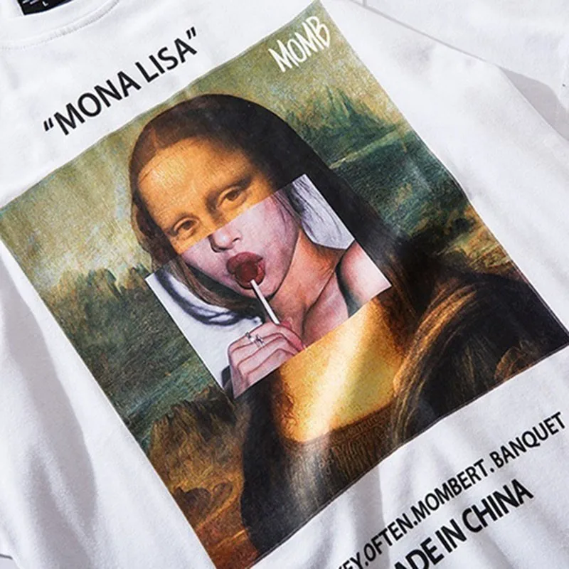 Новинка 2019 Мужская футболка Moomphya в стиле Харадзюку с принтом Моны Лизы коротким