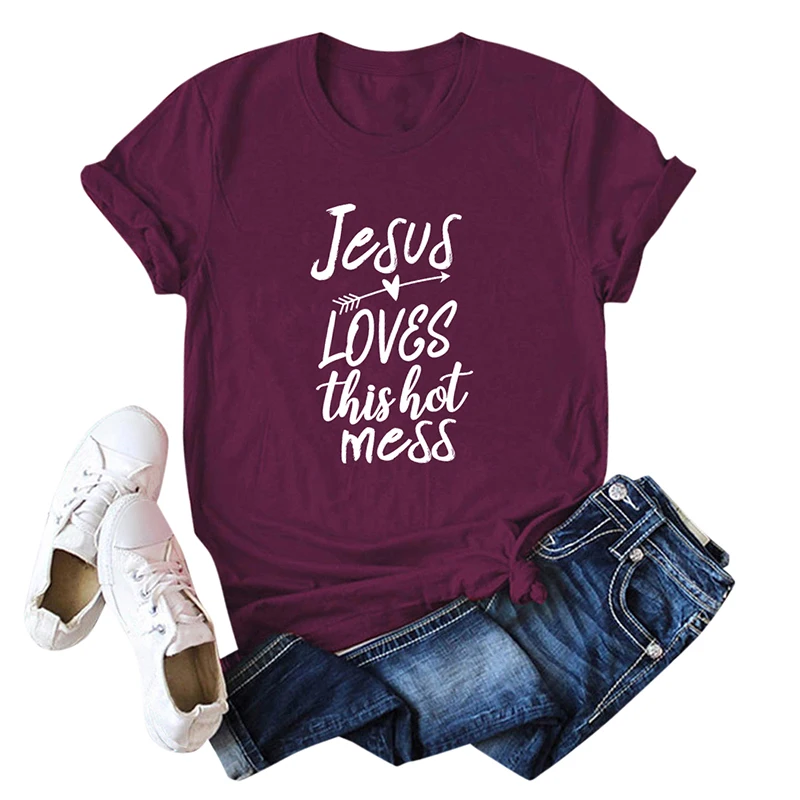 Женская летняя хлопковая Футболка Jesus Loves This Hot беспорядок размера плюс женская