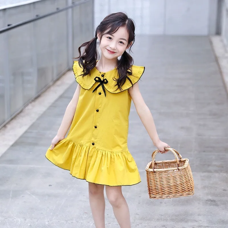 Yellow Ruffles Summer Dresses For Teenage Girls Cotton Sleeveless Peter Pan Collar toddler Dress Kids Sundress Children Clothing | Детская
