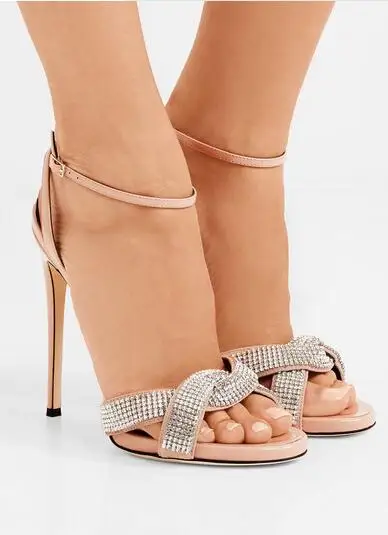

Elegant Nude Patent Leather Crystal Cross Strap Women Sandals Cut-out Peep Toe Wedding Shoes Bride Thin Heels Summer Shoes