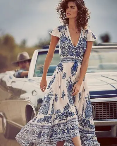 

Women Floral Print Beach Dress Lady Evening Party Deep V Neck Short Sleeve Long Dress Beach Summer Dress