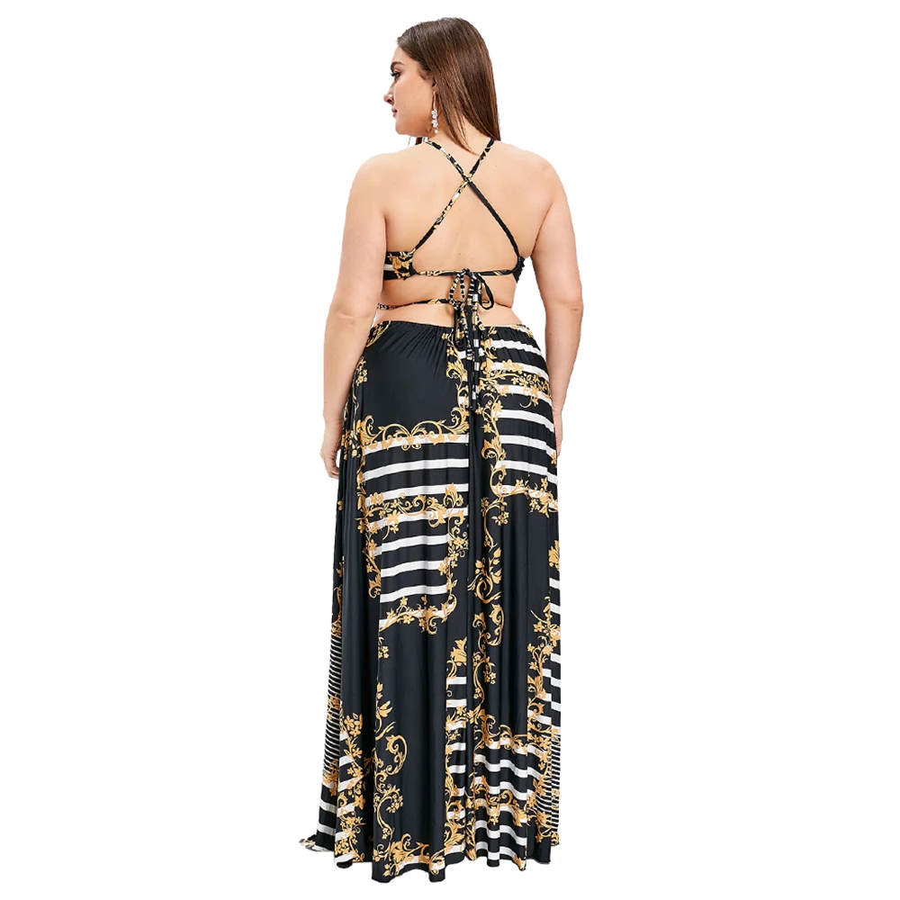 Женское длинное платье в полоску с открытой спиной и цветочным принтом Пляжное