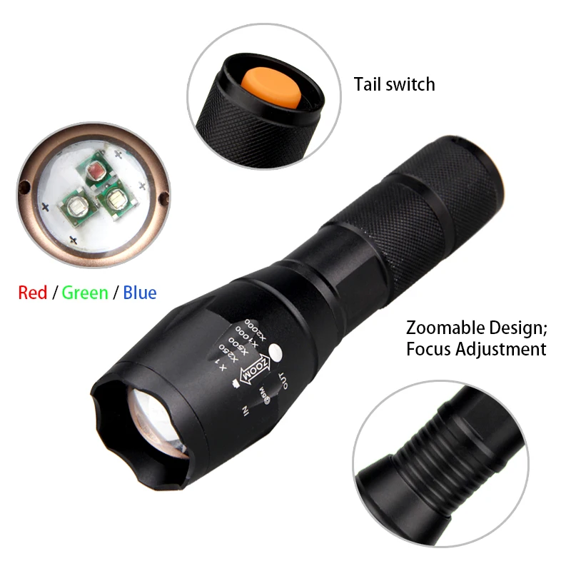 Новый 3 цвета красный зеленый синий свет в 1 фонарик уличный Мощный тактический