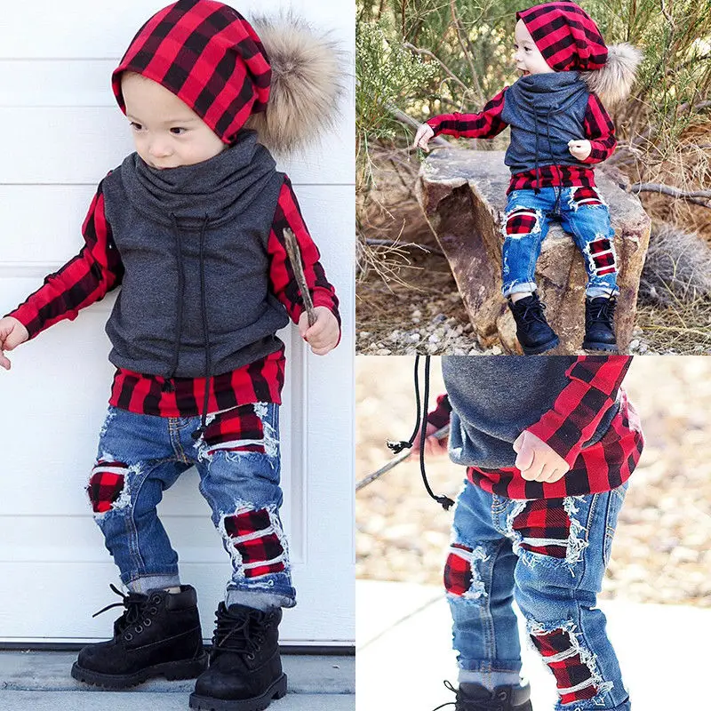 2PCS Toddler Kids Baby Boys Plaid Long Sleeve Tops Shirt Hole Denim Jeans Pants Outfit Clothes For 1-6Y |