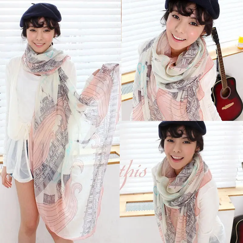 Women Silk Scarf Soft Long Neck Large Wrap Voile Shawl Stole Chiffon Cotton Scarves |