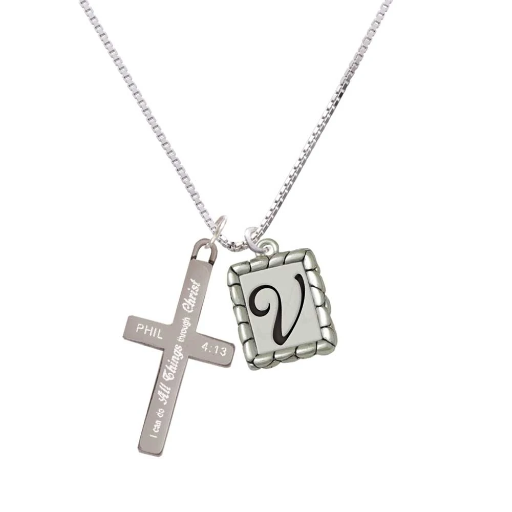 Pebble Border Initial V я могу сделать все вещи крест ожерелье|Подвески| |