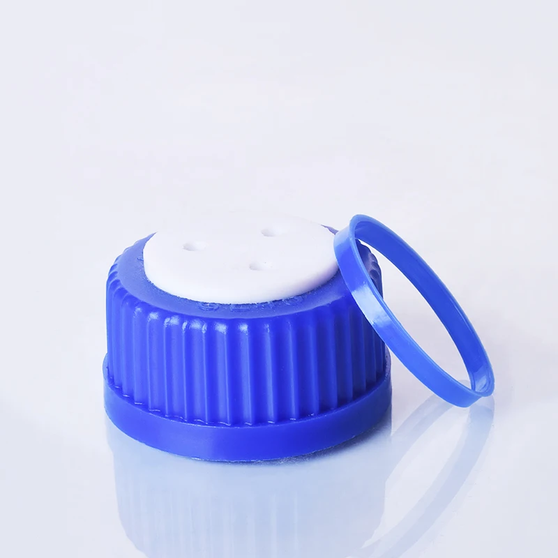 Blue thread cap with 3 holes,GL 45mm,Plastic Screw Cap with threaded bezel ring,Mobile phase liquid bottle cap
