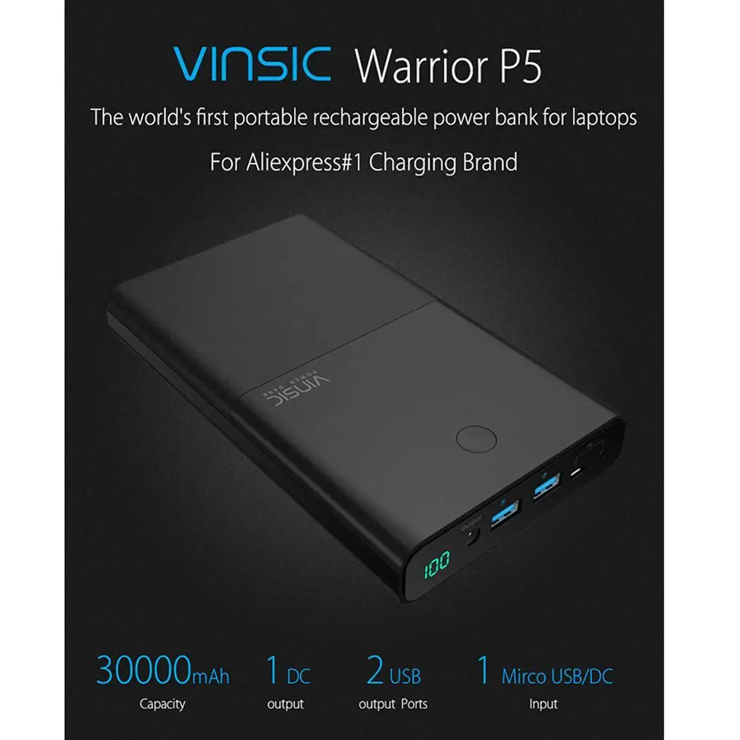 VINSIC 30000mAh Power Bank Dual USB General External Battery Charger Pack for Laptops Notebooks Computer iPhone iPad Xiaomi MI |