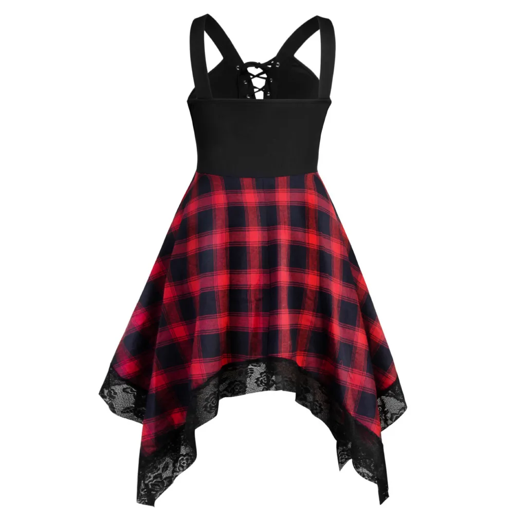 Joineles Summer Sleeveless Vintage Dress Women Plaid Lace Patchwork Irregular High Waist A-Line Party Vestidos 5XL | Женская одежда