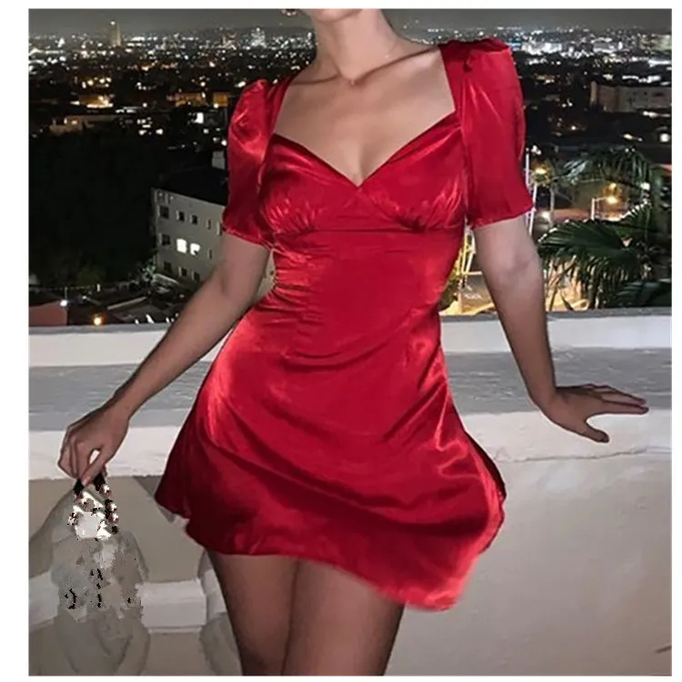 2019 Summer Women Puff Sleeve A-line Dress Sexy Club Party Elegant Mini | Женская одежда