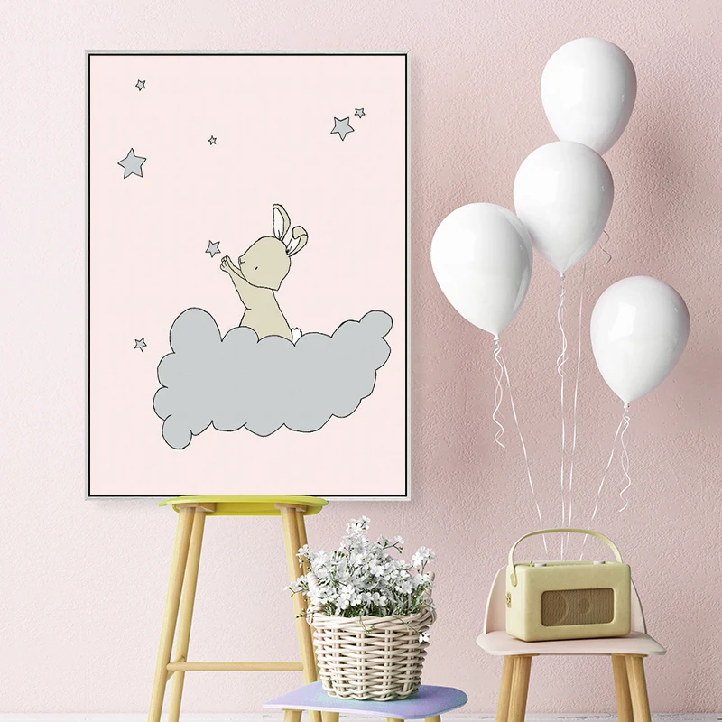 Розовая Картина на холсте для детской комнаты кролик луна и звезды мечта