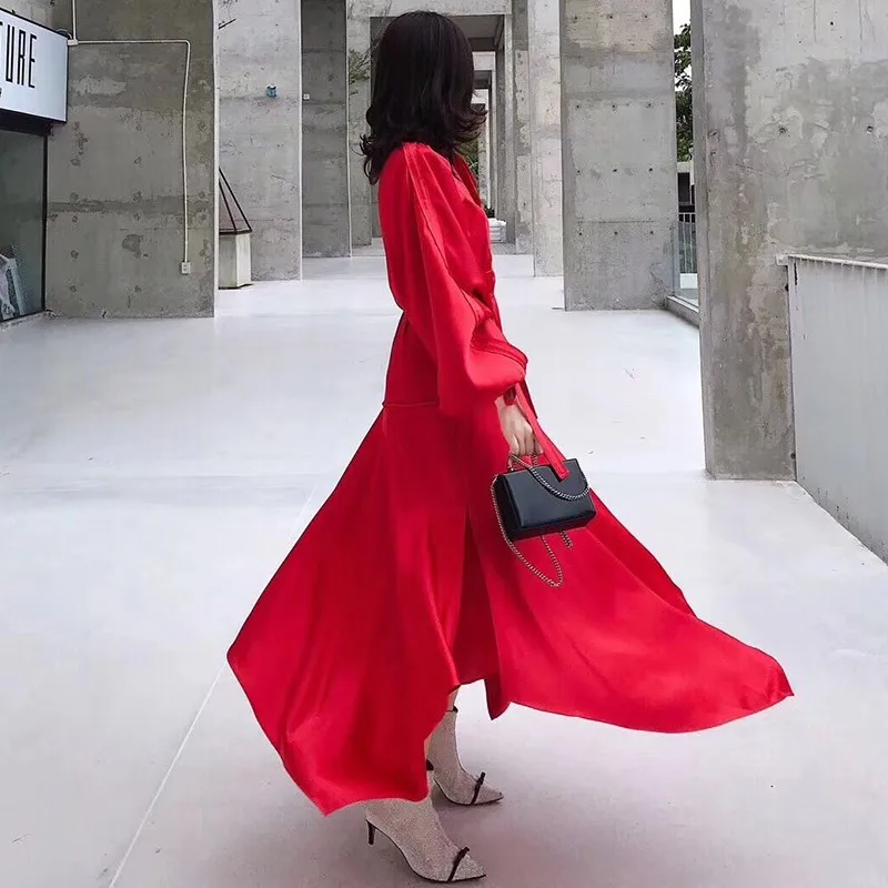 TWOTWINSTYLE Сатиновые платья для женщин с бантом и фонариком длинным рукавом со