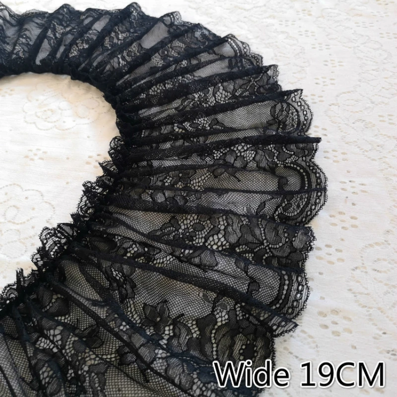 19CM Wide Black 3D Elastic Tulle Lace Fabric Cotton Embroidered Ribbon Ruffle Trim DIY Curtain Garment Tassel Sewing Supplies