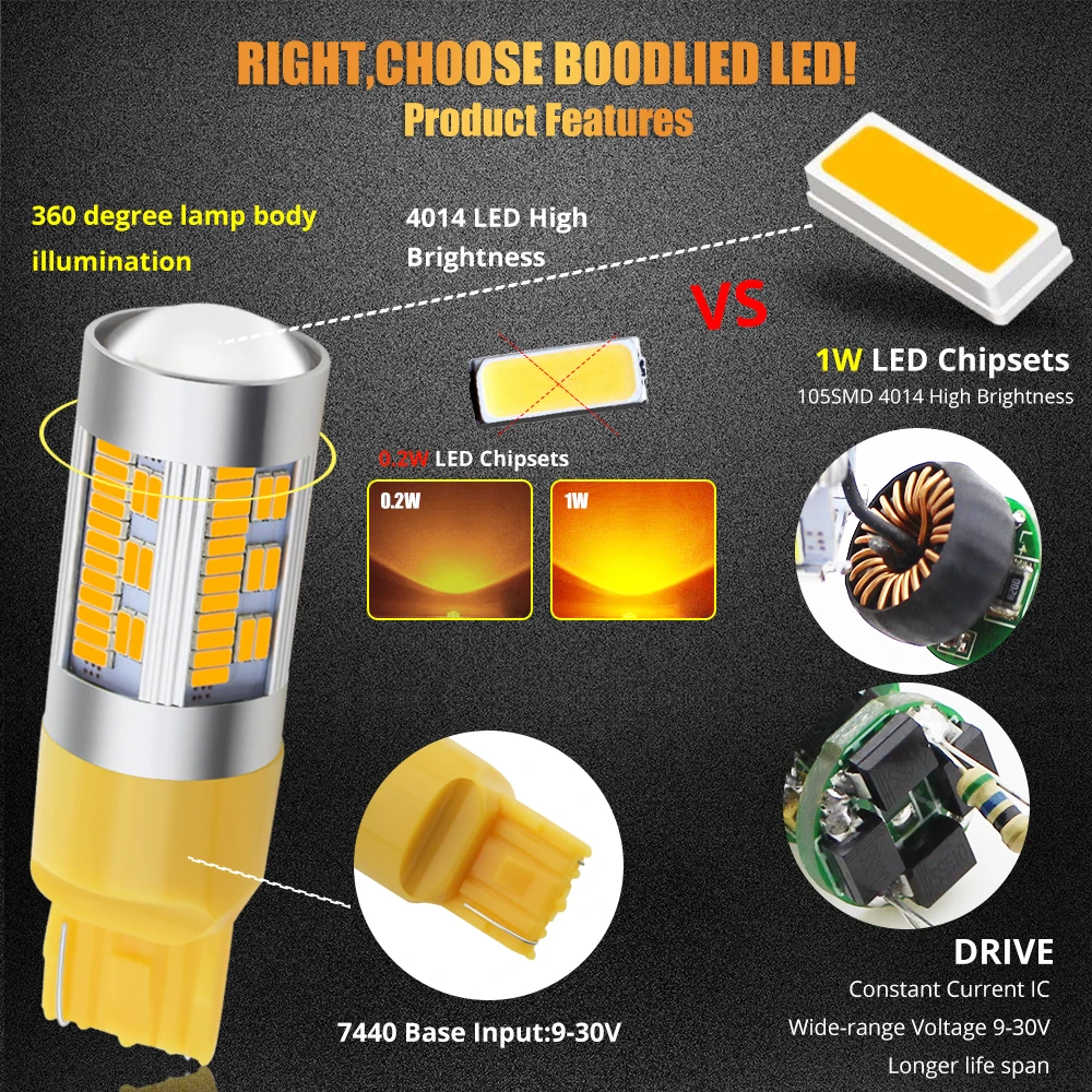 2 шт. 1156 BA15S BAU15S светодиодный T20 7440 105 чипы 4014 SMD лампы желтый для авто задний